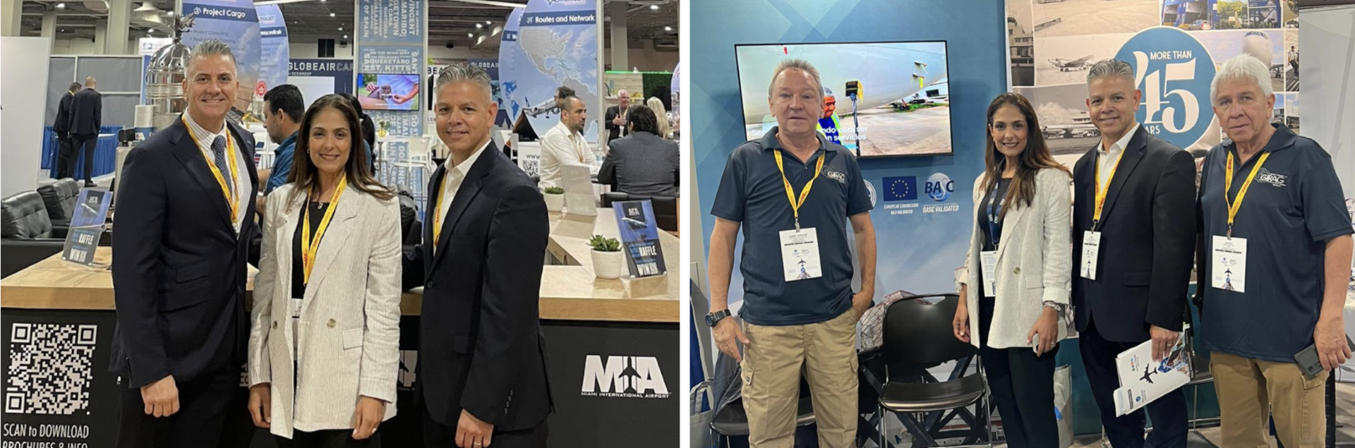 Primera foto: Los Sres. Jimmy Nares, jefe de la división de mercadeo de Miami Aviation Department (Aeropuerto Internacional de Miami), Suzanne Lemaitre, directora ejecutiva de WBO y Erik Moncayo, presidente Internacional de WBO, en el stand del Aeropuerto Internacional de Miami - MIA. Segunda foto: Representantes de WBO junto a los directivos de Girag Panamá S.A., empresa certificada BASC.